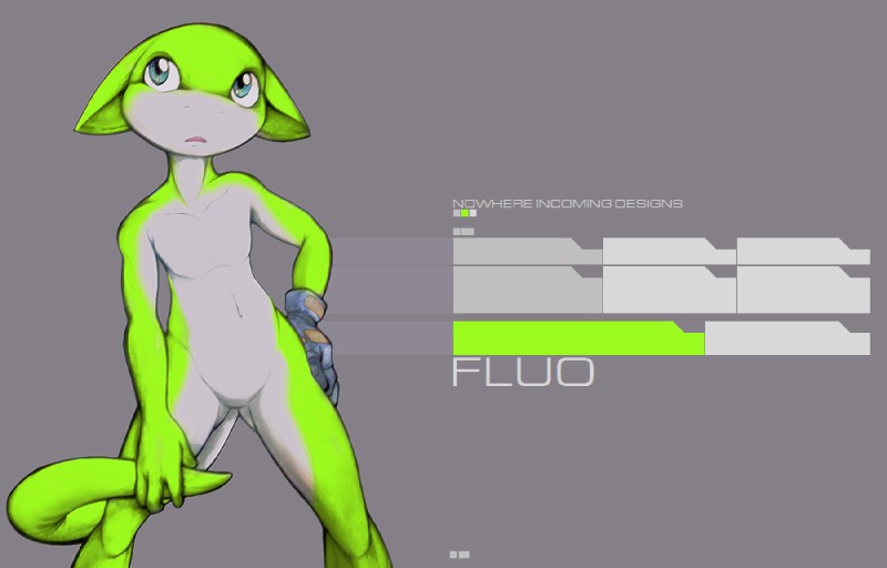 ambiguous_gender anthro clothing gloves green_body green_skin grey_background handwear nude simple_background solo text white_body white_skin darkdoomer fluo lizard reptile scalie english_text