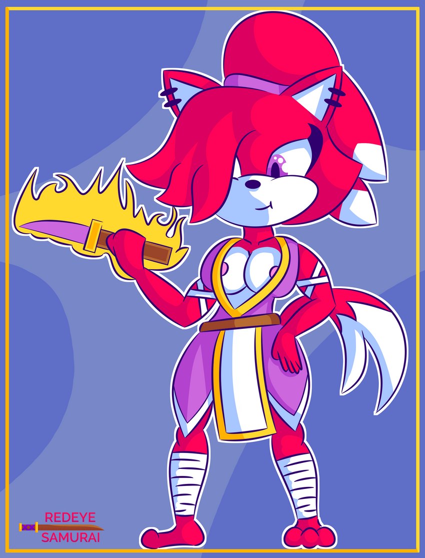 anthro big_breasts breasts clothed clothing female fire fur hair knife long_hair ninja nipples purple_eyes red_body red_fur red_hair simple_background smile solo tail warrior weapon redeye_samurai_(artist) sega sonic_the_hedgehog_(series) fan_character domestic_cat felid feline felis mammal absurd_res digital_media_(artwork) hi_res