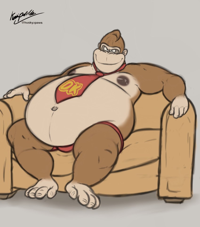 anthro areola belly big_areola big_belly clothing cocky_smile feet furniture leaning leaning_backward looking_at_viewer lying male moobs necktie nipples on_back overhang overweight overweight_anthro overweight_male smile sofa solo stare underwear husky2paws seth-iova donkey_kong_(series) nintendo donkey_kong_(character) ape haplorhine mammal primate hi_res