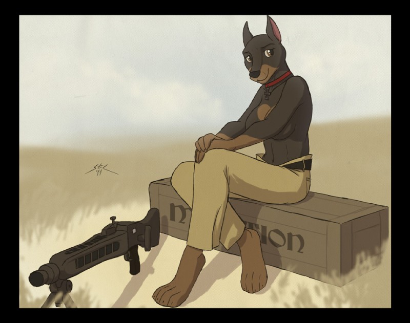 anthro belt black_border border bottomwear box breasts clothed clothing cloud collar container cropped_ears cross female gun machine_gun maschinengewehr_42 mg_42 outside pants ranged_weapon sky solo topless weapon spotty_the_cheetah canid canine canis dobermann domestic_dog mammal pinscher