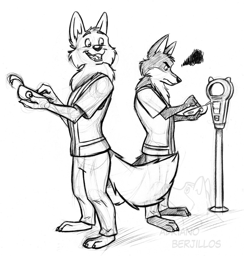 annoyed anthro clothed clothing duo fully_clothed male parking_meter police smile ticket adriano_berjillos disney zootopia officer_grizzoli officer_wolfard canid canine canis mammal wolf monochrome sketch