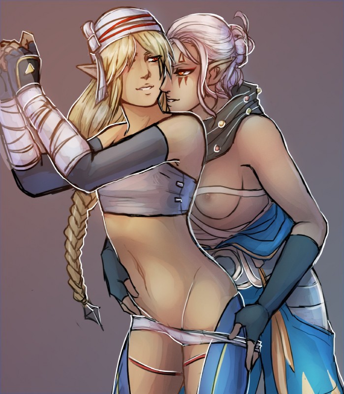 blonde_hair breasts chest_binder clothed clothing duo female female/female hair humanoid_pointy_ears navel nipples not_furry partially_clothed pointy_ears red_eyes simple_background underwear undressing white_hair girahimu-sama nintendo the_legend_of_zelda impa sheik_(tloz) humanoid hylian mammal sheikah hi_res