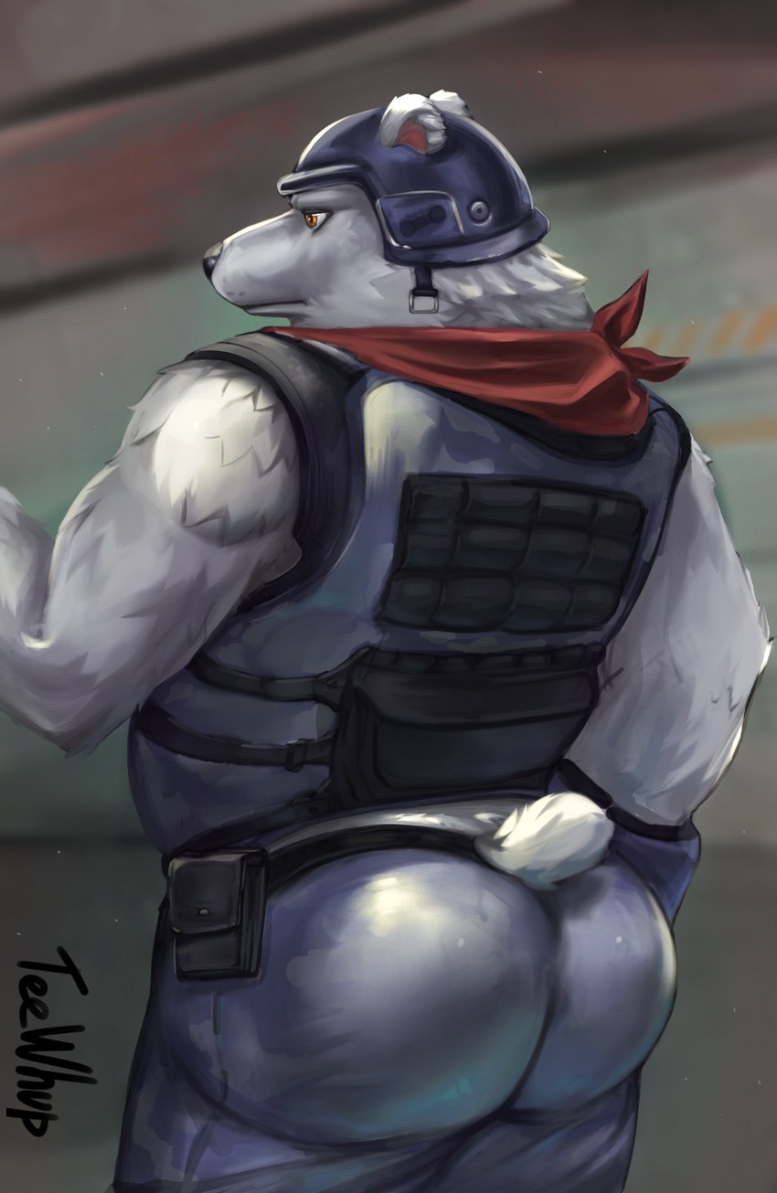 anthro armor big_butt blue_clothing butt clothing fur headgear helmet kerchief male musclegut muscular short_tail solo tail white_body white_fur yellow_sclera teewhup epic_games fortnite gyatt_(meme) polar_patroller bear mammal polar_bear ursine hi_res meme