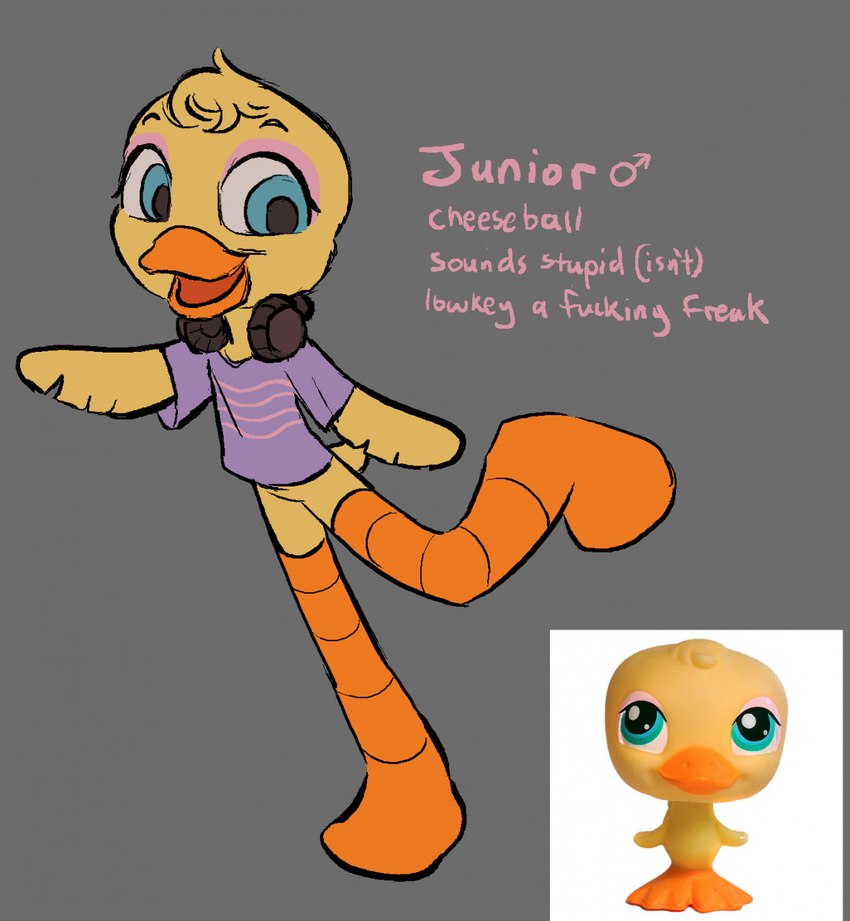 anthro anthrofied beak feathered_wings feathers feet head_tuft male membrane_(anatomy) multiple_forms real smile solo tail tail_feathers text toes toony toy tuft webbed_feet wings yellow_body yellow_feathers wuggy hasbro littlest_pet_shop fan_character lps_150 anatid anseriform avian bird duck english_text hi_res reference_image