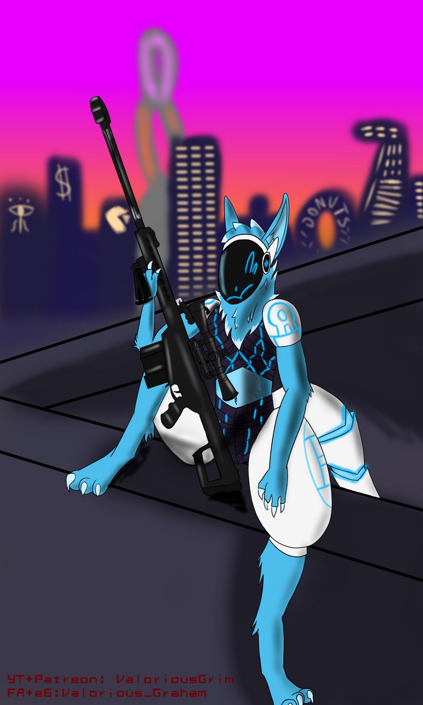 anti-materiel_rifle anti_material_rifle armor athletic barrett_m82 blue_body blue_fur city cityscape female fur gun hair machine mechanical_tail ranged_weapon rifle rooftop short_hair sitting sniper_rifle solo weapon white_armor valorious_graham protogen hi_res