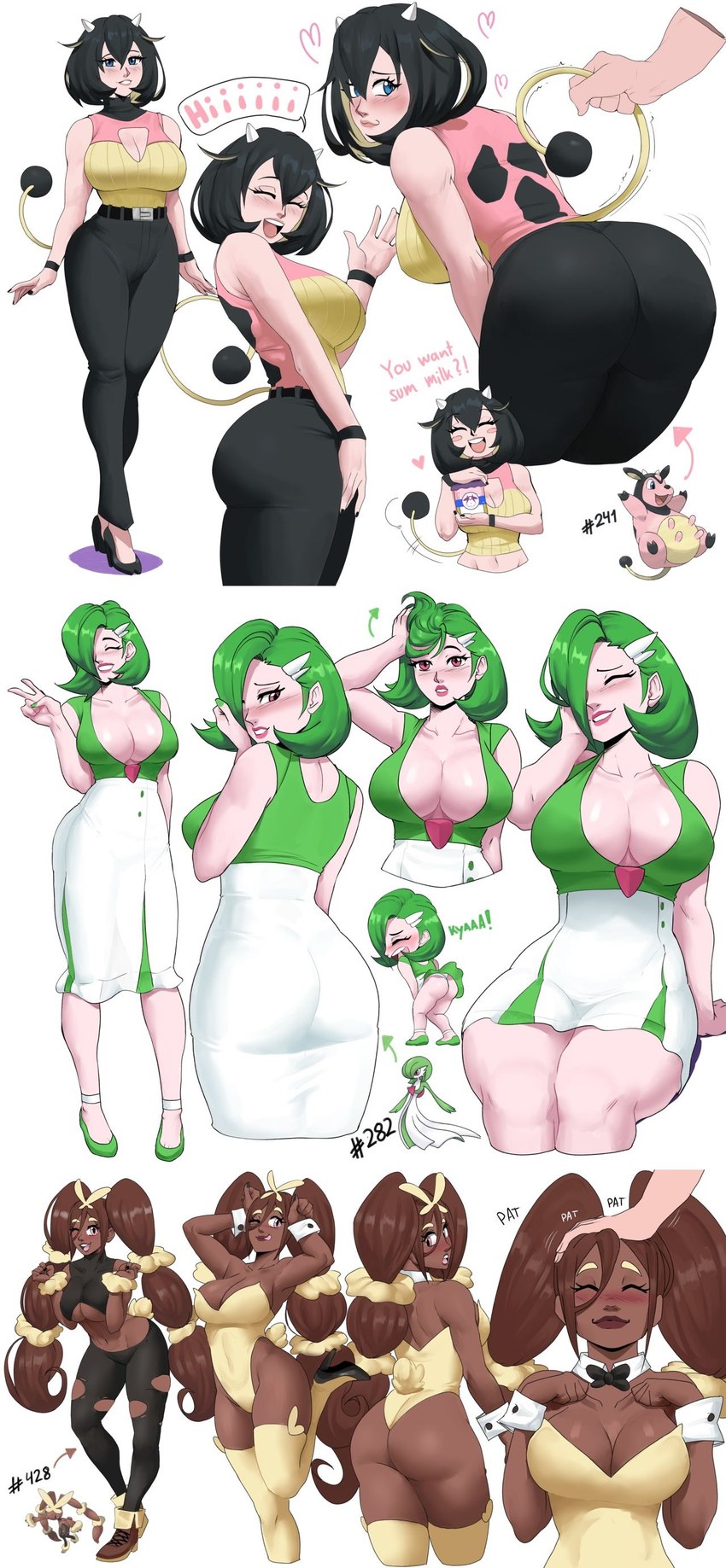 ara_ara big_breasts blush breasts cleavage clothed clothing female gesture group hair hair_over_eye hand_gesture headpat mature_female playboy_bunny trio v_sign echo_saber nintendo pokemon gardevoir generation_2_pokemon generation_3_pokemon generation_4_pokemon generation_6_pokemon humanoid lopunny mega_evolution mega_lopunny miltank pokemon_(species) pokemon_humanoid absurd_res hi_res