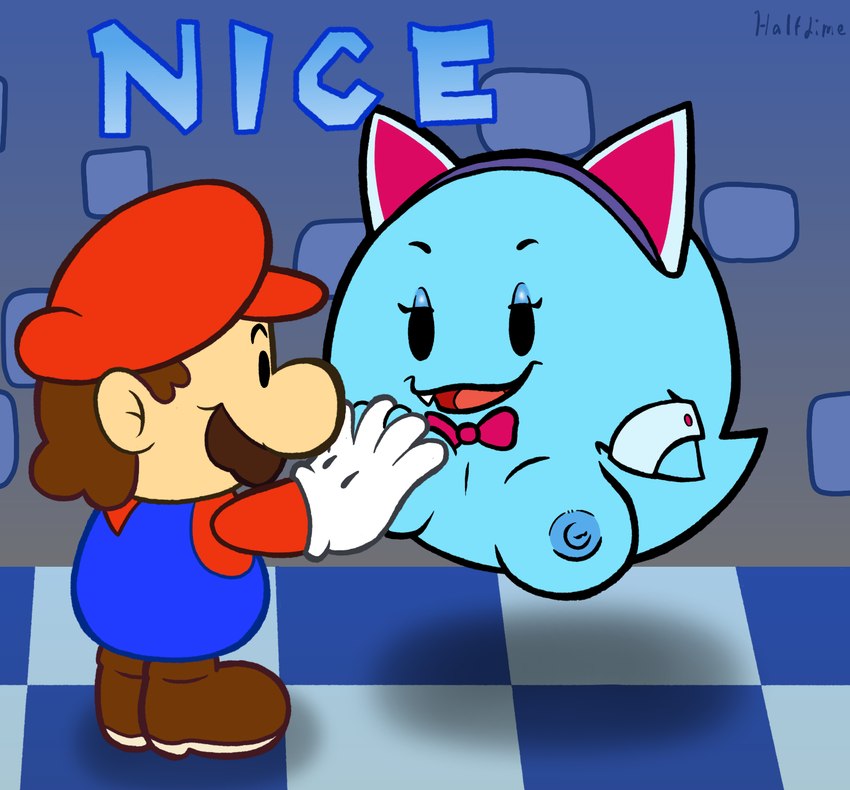 blue_body bow_tie breast_grab breasts cat_costume clothing costume duo eyelashes eyeshadow fangs female ghost_tail hand_on_breast makeup male nipples overalls teeth half_dime mario_bros nintendo paper_mario paper_mario:_the_thousand_year_door lahla_(mario) mario boo_(mario) ghost human mammal spirit hi_res