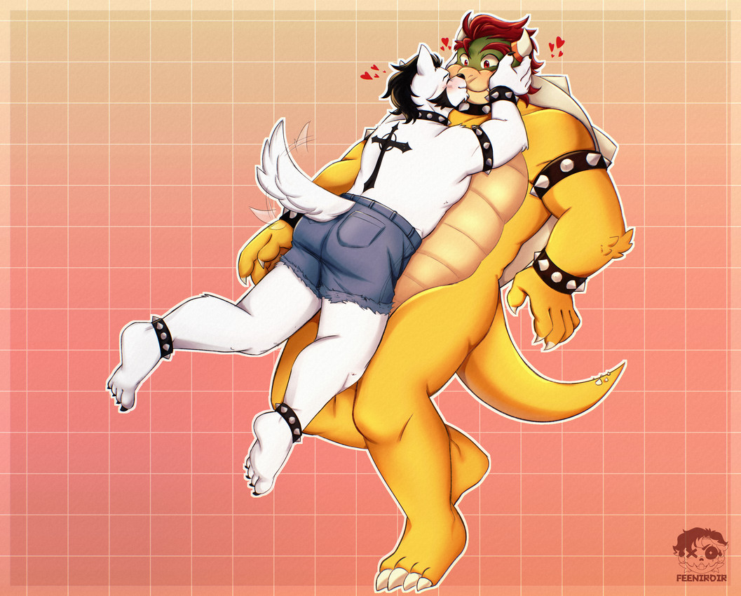 anthro belly biceps black_hair blush clothed clothing collar duo fur hair horn jewelry kiss_on_lips kissing male male/male paws shell simple_background size_difference smile spikes tail text white_body feenie_(artist) mario_bros nintendo bowser langdon_marston canid canine canis domestic_dog dragon_koopa husky koopa mammal nordic_sled_dog scalie spitz absurd_res hi_res