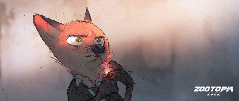 anthro cigarette clothed clothing green_eyes male necktie smoking solo text monoflax blade_runner blade_runner_2049 disney zootopia k_(blade_runner) nick_wilde canid canine fox mammal red_fox true_fox 2017 crossover english_text hi_res