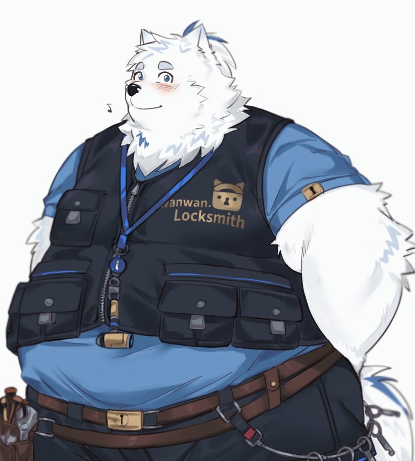 anthro belly belt blue_clothing blue_eyes blush clothing fur jewelry key keyring locksmith male necklace overweight overweight_male solo tool_belt topknot topwear vest white_body white_fur zipper khunowen3 lifewonders live_a_hero yohack canid canine canis domestic_dog mammal nordic_sled_dog samoyed spitz