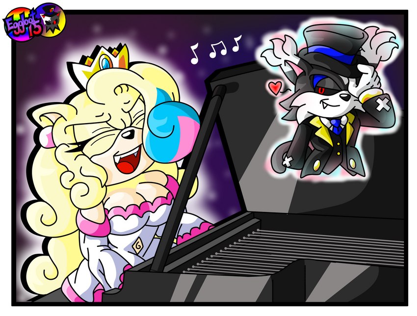 anthro breasts clothing crown dress ear_piercing female fur hair hat headgear headwear highlights_(coloring) keyboard_instrument male musical_instrument piano piercing singing suit_and_tie white_clothing white_dress eggbot15 sega sonic_the_hedgehog_(series) 15_(eggbot15) fan_character princess_(eggbot15) darkling domestic_cat eulipotyphlan felid feline felis hedgehog mammal absurd_res digital_media_(artwork) hi_res