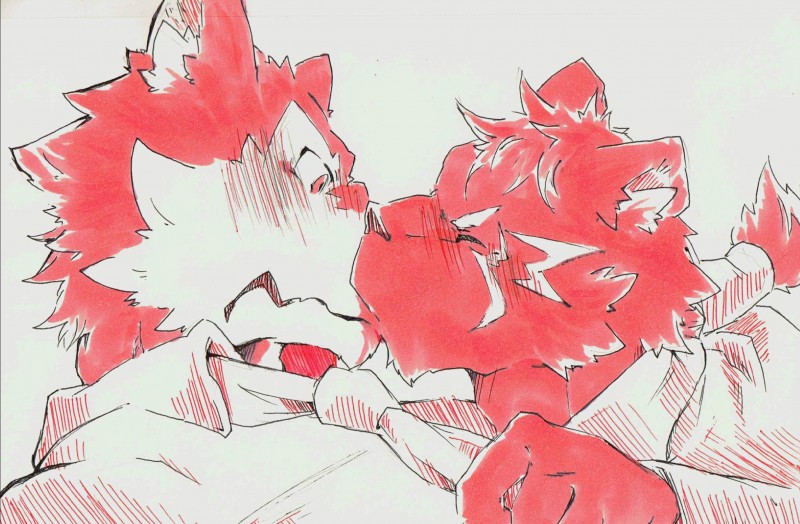 anthro blush clothed clothing duo fur kissing male male/male romantic romantic_couple simple_background white_background 宮山中とーすと utau aro_rouon yamato_sumane canid canine canis felid mammal pantherine tiger wolf hi_res marker_(artwork) pen_(artwork) traditional_media_(artwork)