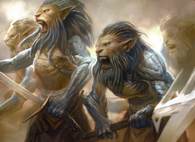 anthro clothed clothing dreadlocks group holding_melee_weapon holding_object holding_sword holding_weapon male mane melee_weapon metal muscular muscular_male sharp_teeth snarling standing sword teeth topless warrior weapon anthony_francisco hasbro magic:_the_gathering wizards_of_the_coast catfolk felid leonin mammal pantherine official_art restricted_palette