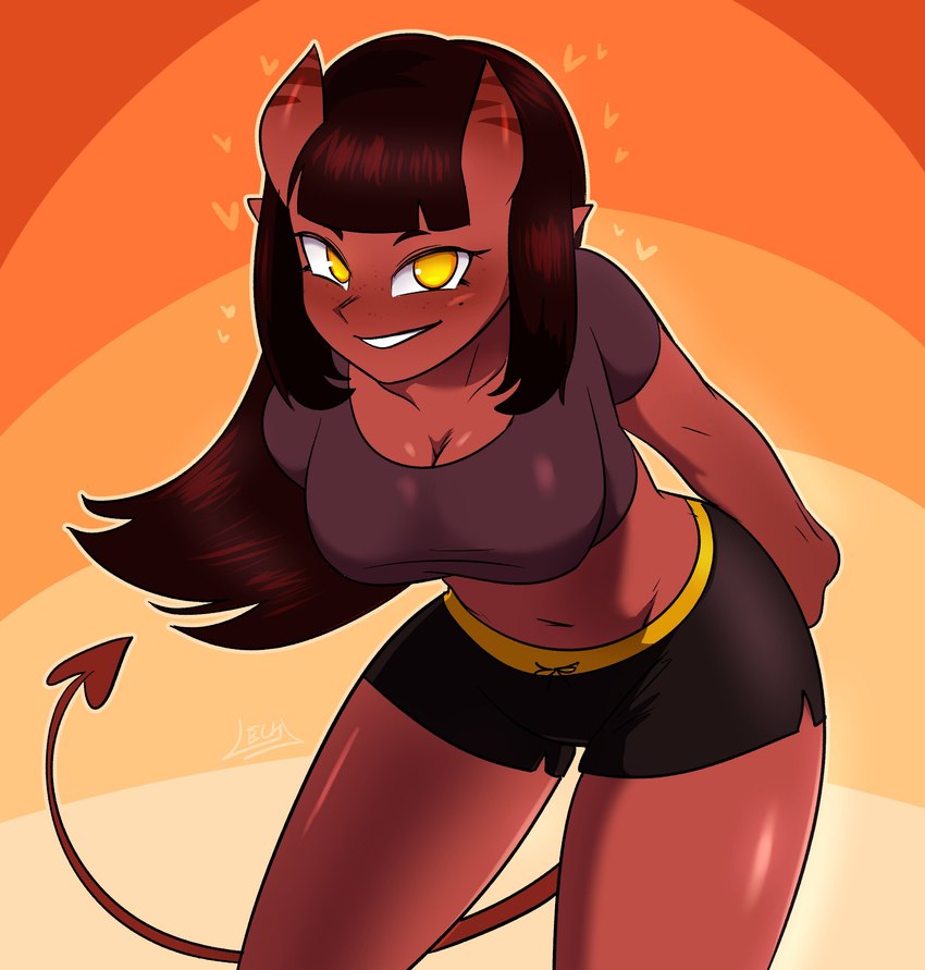 2_horns amber_eyes bangs big_breasts black_bottomwear black_clothing black_eyebrows black_hair black_shorts bottomwear breasts cleavage clothed clothing collarbone crop_top eyebrows eyelashes female freckled_face freckles gradient_background grey_clothing grey_shirt grey_topwear hair hands_behind_back hearts_around_head horn hotpants humanoid_pointy_ears leaning leaning_forward leaning_sideways looking_at_viewer markings midriff mole_(marking) multicolored_bottomwear multicolored_clothing multicolored_shorts navel no_pupils not_furry open_mouth orange_background pointy_ears red_body red_ears red_horn red_skin red_tail shirt short_horn short_sleeves shorts simple_background small_horn smile solo spade_tail tail teeth thin_tail tight_clothing topwear two_tone_bottomwear two_tone_clothing two_tone_shorts yellow_bottomwear yellow_clothing yellow_shorts lech_lewds meru_(merunyaa) demon demon_humanoid humanoid 2022 absurd_res hi_res signature