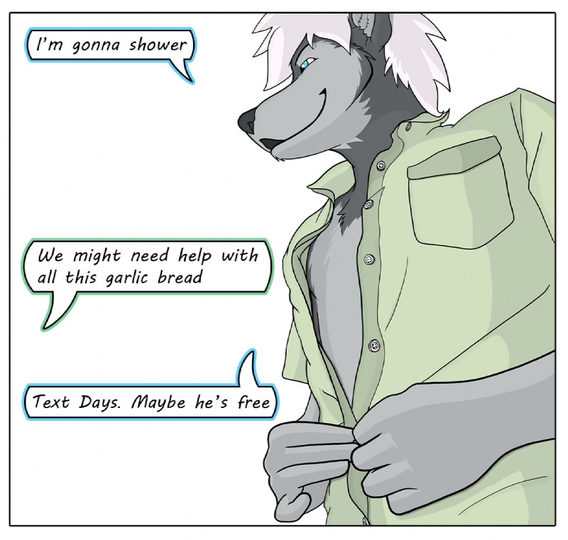 border clothing dialogue male speech_bubble text undressing white_border colrblnd duzt measureup walter_moss alaskan_malamute canid canine canis domestic_dog mammal nordic_sled_dog spitz comic english_text