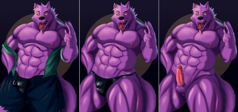 abs anthro areola balls barazoku belt biceps big_muscles biped bottomwear bulge claws clothed clothing erection fur genitals half-closed_eyes humanoid_genitalia humanoid_penis looking_at_viewer male male_anthro manly mostly_nude muscular muscular_anthro muscular_male narrowed_eyes navel nipples nude open_bottomwear open_clothing open_mouth open_pants open_shirt open_topwear pants pecs penis purple_body purple_fur sharp_teeth shirt smile solo speedo standing swimwear teeth thick_thighs tongue tongue_out topless topwear torn_clothing triceps underwear vein veiny_penis yellow_eyes fenrirwolfen cartoon_network mythology ok_k.o.!_let's_be_heroes bernard_(ok_k.o.!_lbh) canid canine canis mammal mythological_canine mythological_creature werecanid werecanine werecreature werewolf wolf hi_res