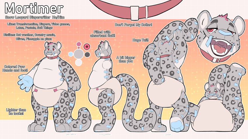 4_fingers abstract_background anthro big_diaper big_tail biped blue_nose collar diaper fingers grey_body half-closed_eyes long_tail male markings multiple_poses narrowed_eyes nude open_mouth overweight pose red_collar red_eyes sharp_teeth simple_background smile solo tail teeth text sexotheque mortimer_(paddedsnep) animate_inanimate diaper_creature felid mammal pantherine snow_leopard 16:9 2024 4k absurd_res digital_media_(artwork) english_text hi_res model_sheet widescreen