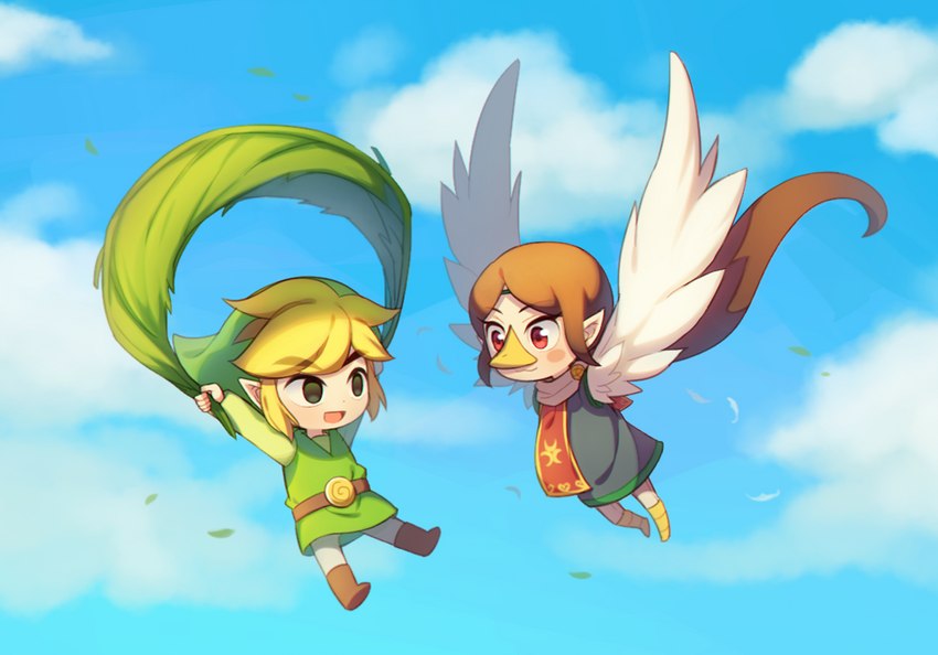 beak blonde_hair boots clothing cloud day duo eye_contact feathered_wings feathers female flying footwear hair humanoid_pointy_ears leaf light_body light_skin looking_at_another male pointy_ears shoes wings wusagi2 nintendo the_legend_of_zelda wind_waker medli toon_link animal_humanoid avian avian_humanoid humanoid hylian rito rito_humanoid 2016