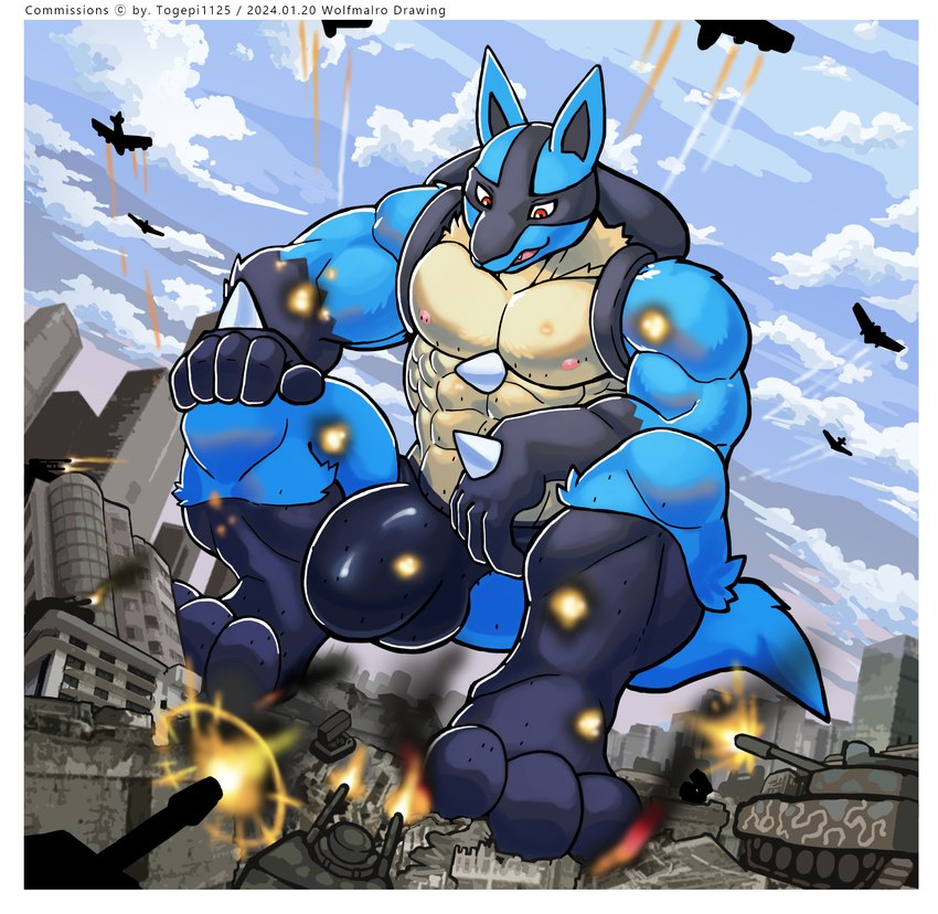 aircraft airplane anthro blue_body border bulge city clothing crouching destruction detailed_bulge explosion group jet macro macro_anthro macro_male male muscular muscular_male red_eyes solo_focus speedo swimwear tank_(vehicle) vehicle white_border wolfmalro nintendo pokemon canid canine generation_4_pokemon lucario mammal pokemon_(species) hi_res