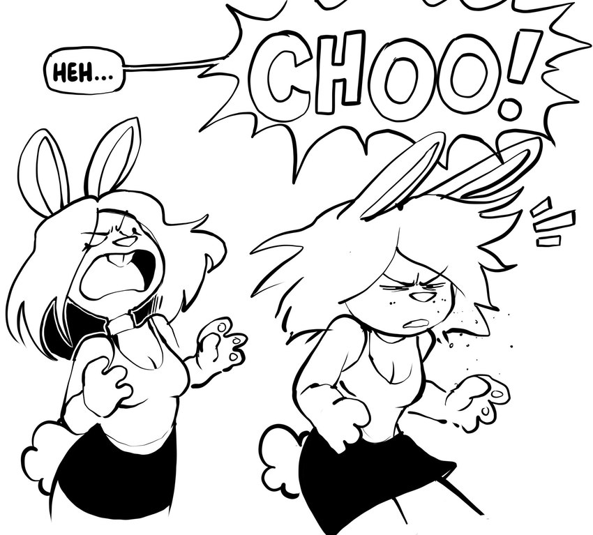 anthro bodily_fluids breasts clothed clothing female hair long_ears long_hair open_mouth particles simple_background sneeze solo speech_bubble tail text creator_ant diana_darling_(creator_ant) black_and_white hi_res monochrome