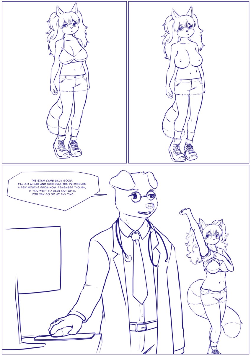 anthro belt biped border breasts clothed clothing dialogue duo eyewear female floppy_ears glasses hair medical_instrument necktie scientific_instrument solo speech_bubble stethoscope tail text white_border young young_anthro young_female aogami casey_(lemurcatta) dr._hound_(lemurcatta) canid canine canis domestic_dog lemur mammal primate strepsirrhine absurd_res comic english_text hi_res monochrome multiple_scenes