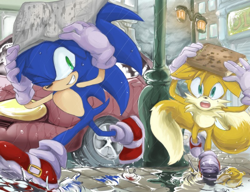 anthro blue_body blue_fur book car clothing duo footwear fur gloves green_eyes handwear male newspaper outside puddle raining running shoes street vehicle water wet yellow_body yellow_fur nashi_(intothe_bluesky) sega sonic_the_hedgehog_(series) miles_prower sonic_the_hedgehog canid canine eulipotyphlan fox hedgehog mammal