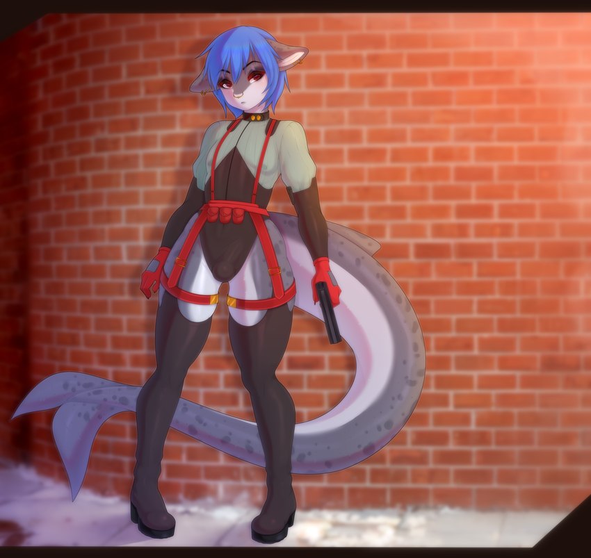 anthro blue_hair bodysuit boots bulge clothed clothing crossdressing detailed_bulge ear_piercing facial_piercing femboy footwear genital_outline gloves grey_body gun hair handwear male nipples nose_piercing penis_outline piercing ranged_weapon red_eyes shark_tail shoes skinsuit solo tight_clothing weapon shudayuda fish hybrid marine shark absurd_res hi_res