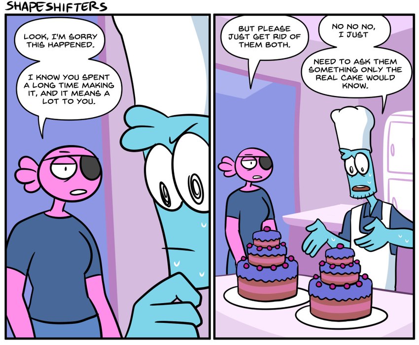 anthro blue_body bodily_fluids cake chef_hat clothing dessert dialogue duo eye_patch eyewear female food hat headgear headwear humor male open_mouth pink_body sweat text tredlocity isaac_(tredlocity) val_(tredlocity) humanoid comic english_text