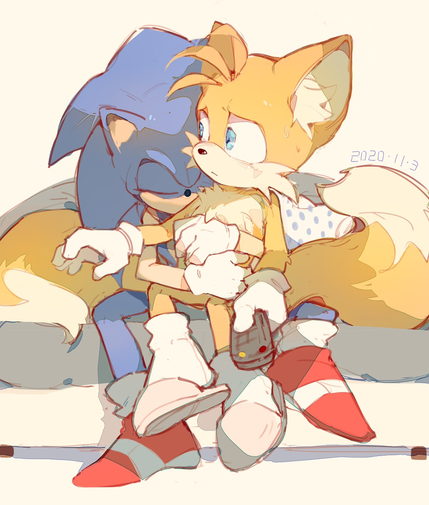 anthro blue_eyes clothing duo eyes_closed footwear fur furniture gloves handwear holding_object hug male sandals shoes simple_background sitting slippers slippers_only socks sofa white_clothing white_gloves white_handwear c52278 sega sonic_the_hedgehog_(series) miles_prower sonic_the_hedgehog canid canine eulipotyphlan fox hedgehog mammal 2020 dated hi_res