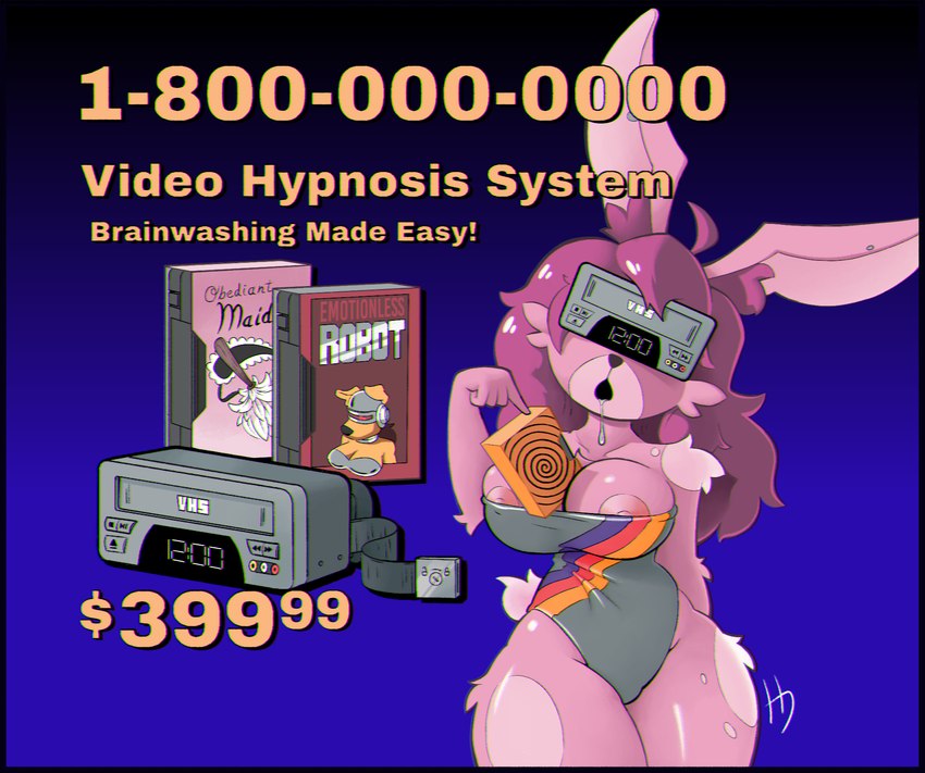 advertisement anthro blue_background bodily_fluids brainwashing breasts chromatic_aberration clothing drooling female fur gradient_background hair hand_behind_back headgear hypnosis hypnotic_clothing leotard long_hair mind_control nipples object_between_breasts open_mouth phone_number pink_body pink_fur pink_hair price_tag saliva simple_background solo spiral straps submissive submissive_female text thick_thighs vhs_case hypnodoe vhs lagomorph leporid mammal rabbit 2024 digital_drawing_(artwork) digital_media_(artwork) english_text hi_res signature