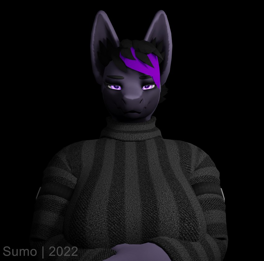 alternative_fashion anthro big_breasts breasts clothed clothing emotionless female fur glowing glowing_eyes goth highlights_(coloring) huge_breasts larger_female looking_at_viewer purple_body purple_eyes purple_fur simple_background size_difference solo sweater topwear king_sumo_(artist) sammy_valentine_(character) mamagen mammal 2022 3d_(artwork) blender_(artwork) digital_media_(artwork) hi_res watermark widescreen