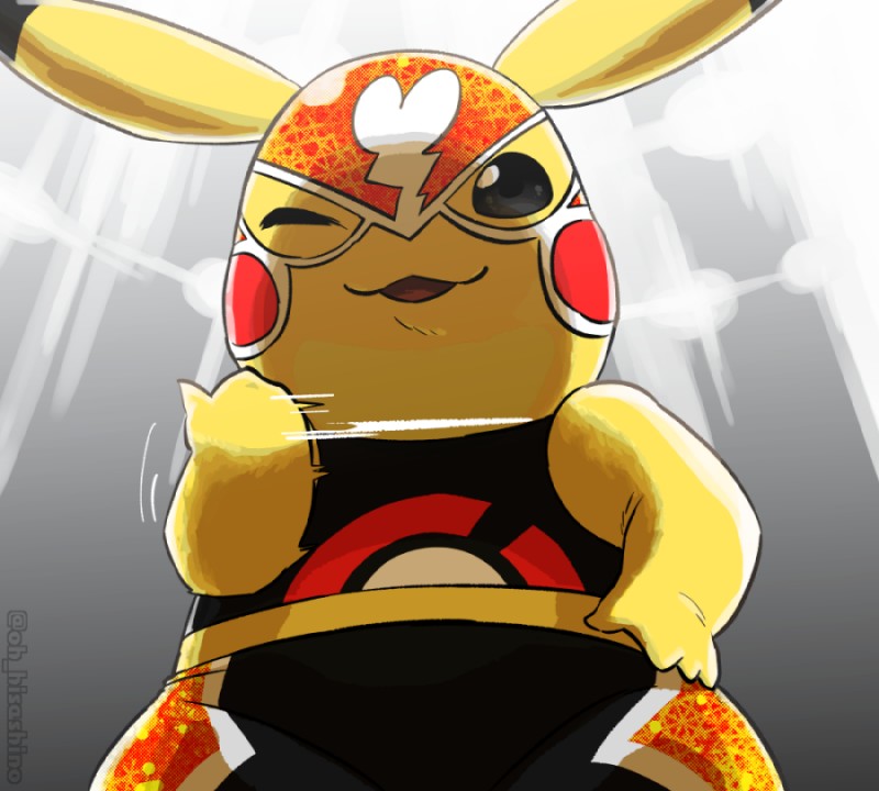 clothed clothing cosplay_pikachu_(costume) costume female hand_on_hip looking_at_viewer low-angle_view one_eye_closed open_mouth open_smile smile solo standing yellow_body hisashino nintendo pokemon pikachu_libre generation_1_pokemon pikachu pokemon_(species) 2018 digital_drawing_(artwork) digital_media_(artwork)