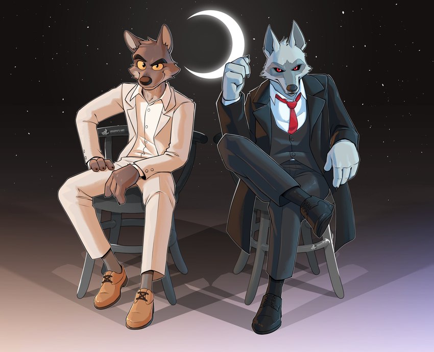 anthro black_clothing black_sclera black_suit brown_body brown_fur chair clothed clothing crescent_moon crossed_legs dress_shirt dress_shoes duo footwear fur furniture grey_body grey_fur looking_at_viewer male male/male moon necktie on_chair red_eyes red_necktie shirt shoes sitting sitting_on_chair sky smile socks star starry_sky suit suit_jacket suit_pants topwear vest white_clothing white_suit yellow_eyes yellow_sclera anjing_kampuss dreamworks puss_in_boots_(franchise) the_bad_guys death_(puss_in_boots) mr._wolf_(the_bad_guys) canid canine canis mammal wolf crossover digital_media_(artwork) hi_res