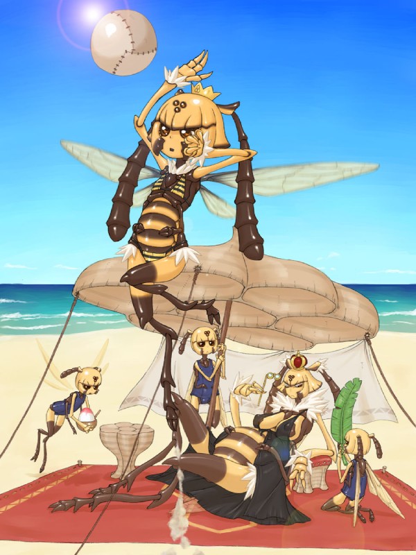 antennae_(anatomy) anthro ball beach beach_umbrella belly big_belly bikini clothed clothing crown dessert detailed_background digitigrade eyewear female flying food glasses group hand_fan headgear heat_(temperature) insect_wings jumping kneeling larva midair nipple_outline on_towel outside overheated parasol pregnant queen royalty sand sea seaside shaved_ice skimpy sky sport stinger swimwear thick_thighs thigh_gap thin_calves tight_clothing towel two-piece_swimsuit volleyball_(ball) water wings young namu_gunsou forest_of_pixiv arthropod bee hymenopteran insect queen_bee 3:4 hi_res