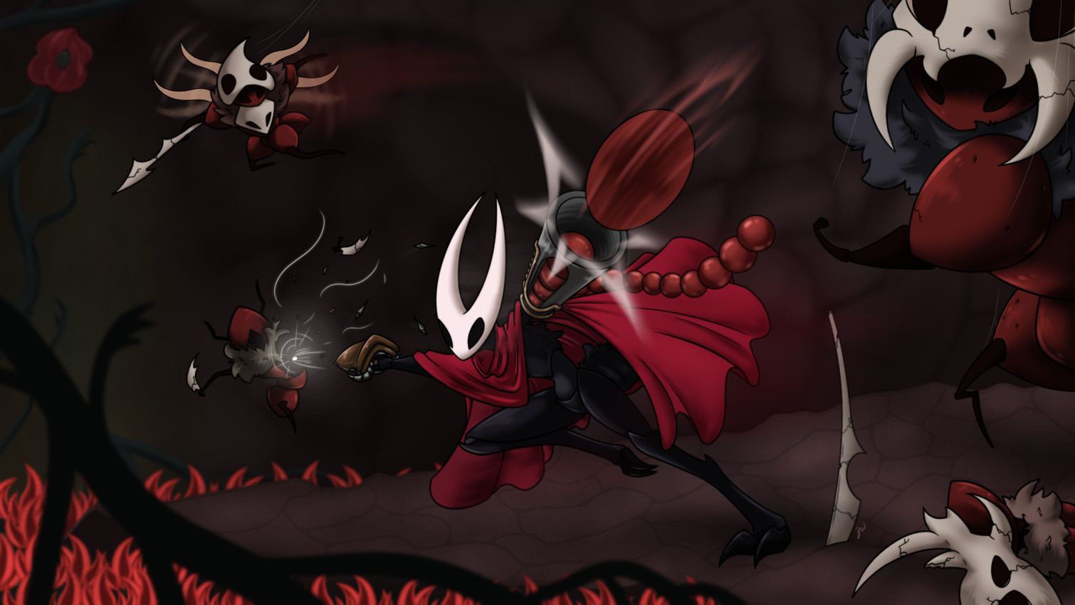 2_horns ambiguous_gender antennae_(anatomy) anthro arthropod_abdomen beads biped black_body black_eyes cloak clothing empty_eyes flying group holding_melee_weapon holding_object holding_ranged_weapon holding_weapon horn looking_at_another melee_weapon motion_lines pose prayer_beads ranged_weapon red_cloak red_clothing rosary shooting thread weapon wings zack_whitefang hollow_knight:_silksong hollow_knight_(franchise) team_cherry hornet_(hollow_knight) ant arthropod hymenopteran insect skarr skarr_scout skarr_stalker skarrgard spear_skarr 2025 hi_res