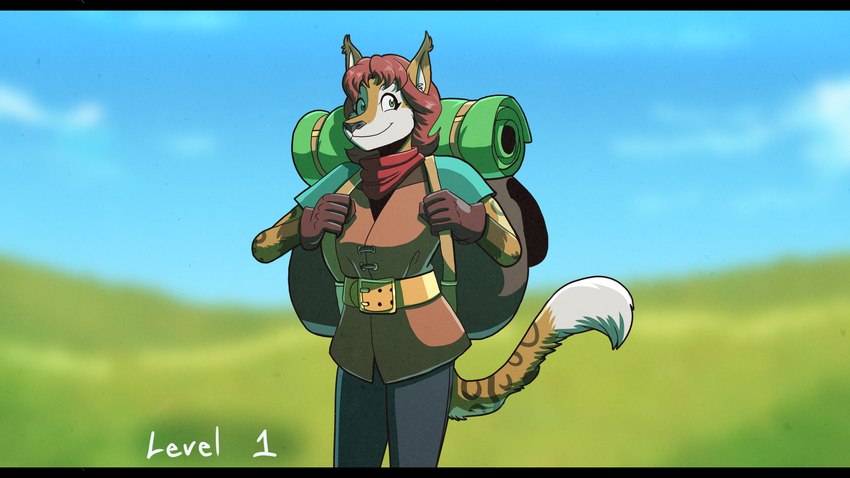 5_fingers anthro backpack belt blue_sky blurred_background brown_clothing brown_gloves brown_handwear clothing day dipstick_ears dipstick_limbs dipstick_tail ear_markings female field fingers fur gloves green_eyes hair handwear kerchief looking_at_viewer markings multicolored_ears neckerchief neckwear outside red_hair sky solo standing tail tail_markings tan_body tan_fur text white_body white_fur volkenfox riley_o'shane fictional_species lynxuki 2024 absurd_res colored digital_drawing_(artwork) digital_media_(artwork) english_text hi_res