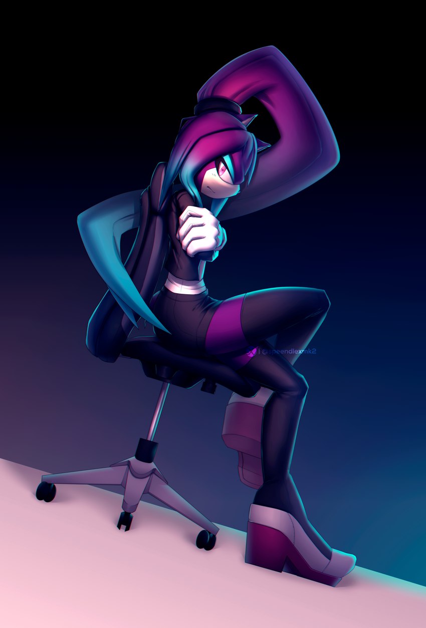 anthro blue_mascara bottomwear chair clothing coat crossed_arms female footwear furniture gloves handwear high_heels legwear looking_at_viewer office_chair purple_body purple_eyes shirt shoes sitting skirt solo thigh_highs topwear undershirt speendlexmk2 sega sonic_the_hedgehog_(series) fan_character kendra_nova absurd_res hi_res