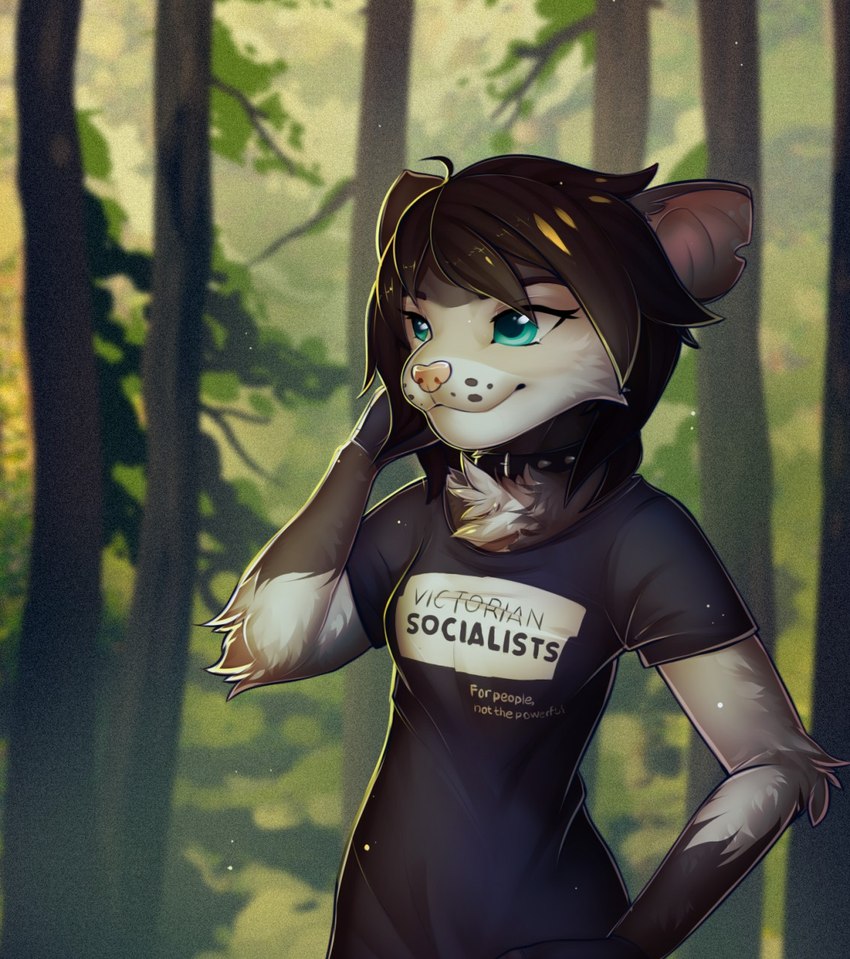 anthro clothed clothing communism day detailed_background female forest fur hair outside plant politics smile socialism socialist solo standing text tree hazelmere domestic_ferret hybrid mammal mustelid musteline true_musteline weasel 2019 digital_media_(artwork) english_text hi_res shaded