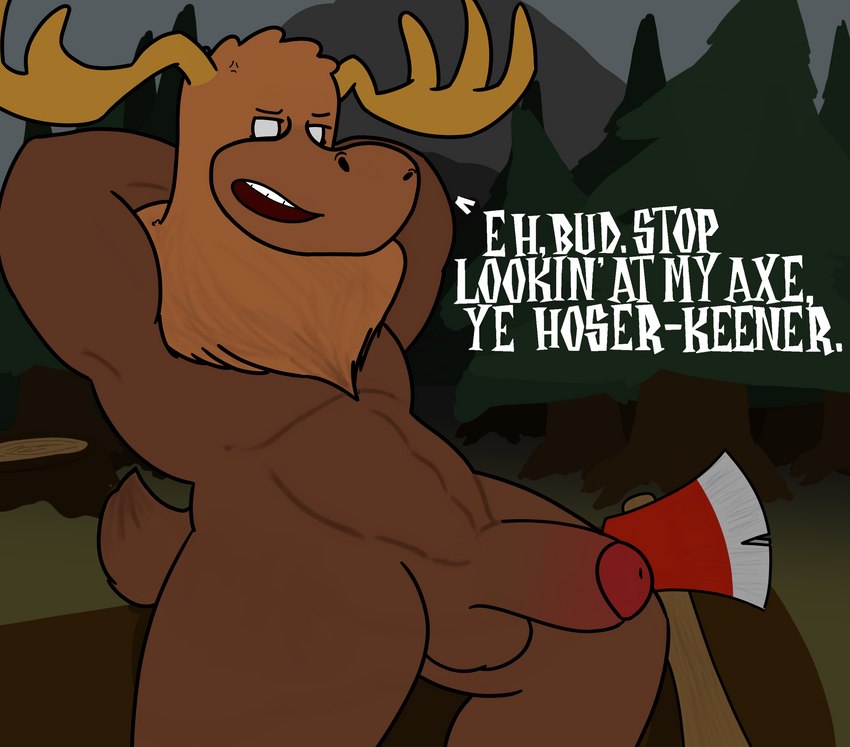 abs anthro antlers axe balls big_penis brown_body brown_fur canada casual_nudity erection foreskin fur genitals half-erect horn lumberjack male mane melee_weapon muscular muscular_male nature nature_background nude penis plant slang solo stereotype tail tail_tuft text thick_penis tools tree tree_stump tuft weapon forty_(artist) don't_starve klei_entertainment cursed_woodie lucy_(don't_starve) woodie_(don't_starve) deer mammal moose new_world_deer werecreature weredeer weremoose werenew_world_deer absurd_res english_text hi_res