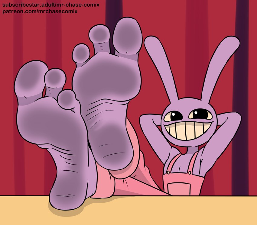 3_toes anthro barefoot clothing feet foot_fetish foot_focus humanoid_feet long_ears male overalls plantigrade purple_body smile soles solo teeth toes wrinkled_feet wrinkles mrchasecomix glitch_productions the_amazing_digital_circus jax_(tadc) lagomorph leporid mammal rabbit hi_res