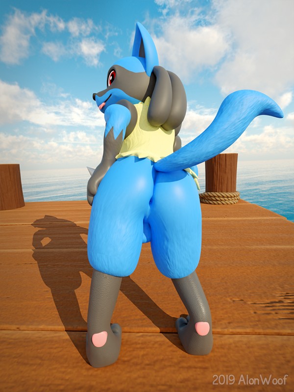 3_toes anthro anus backsack balls barefoot biped black_body black_fur blep blue_balls blue_body blue_fur butt digitigrade feet fluffy fluffy_tail fur genitals hair looking_at_viewer looking_back male nude one_eye_closed pier presenting sea seaside sky smile solo standing tail toes tongue tongue_out water wink alonwoof nintendo pokemon lucky_(alonwoof) canid canine generation_4_pokemon lucario mammal pokemon_(species) 2019 3:4 3d_(artwork) digital_media_(artwork) hi_res