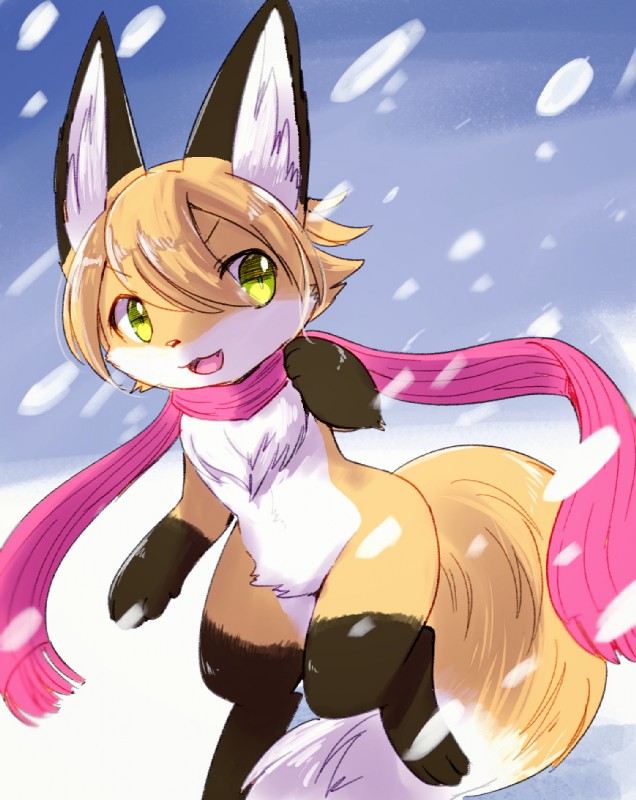 anthro clothed clothing fur happy inner_ear_fluff multicolored_body multicolored_fur open_mouth open_smile outside partially_clothed smile snow snowing solo tuft white_body white_fur kemoribbon canid canine fox mammal