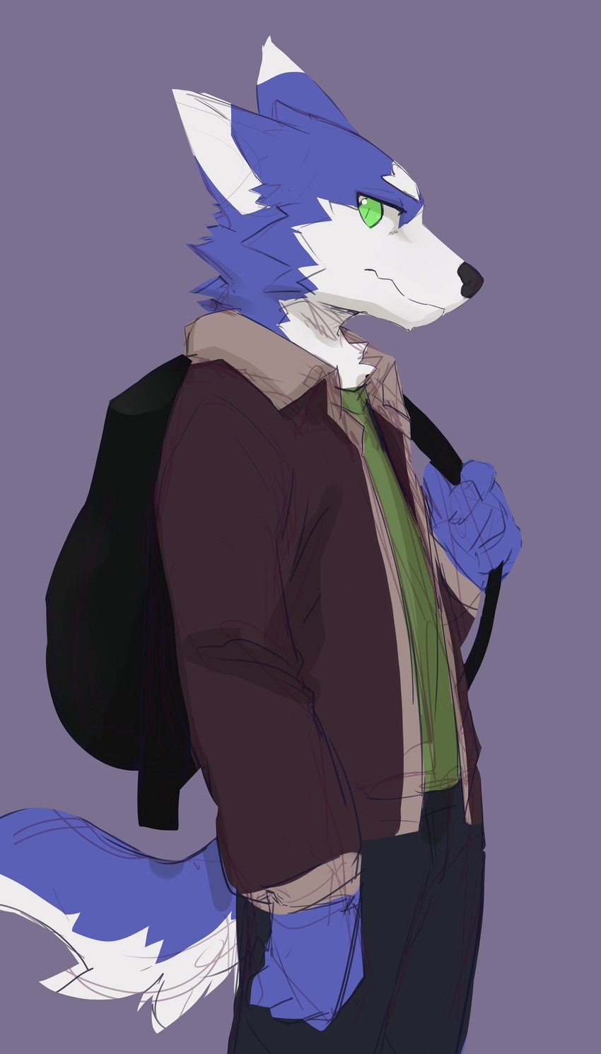 anthro backpack black_backpack black_nose blue_body blue_fur bottomwear brown_clothing brown_jacket brown_topwear cheek_tuft clothed clothing dark_bottomwear facial_tuft fur glistening glistening_eyes green_clothing green_topwear jacket looking_at_viewer male mouth_closed neck_tuft pants pupils purple_background side_view simple_background slit_pupils solo standing topwear tuft white_body white_fur kuttoyaki canid canine canis domestic_dog mammal absurd_res hi_res portrait three-quarter_portrait