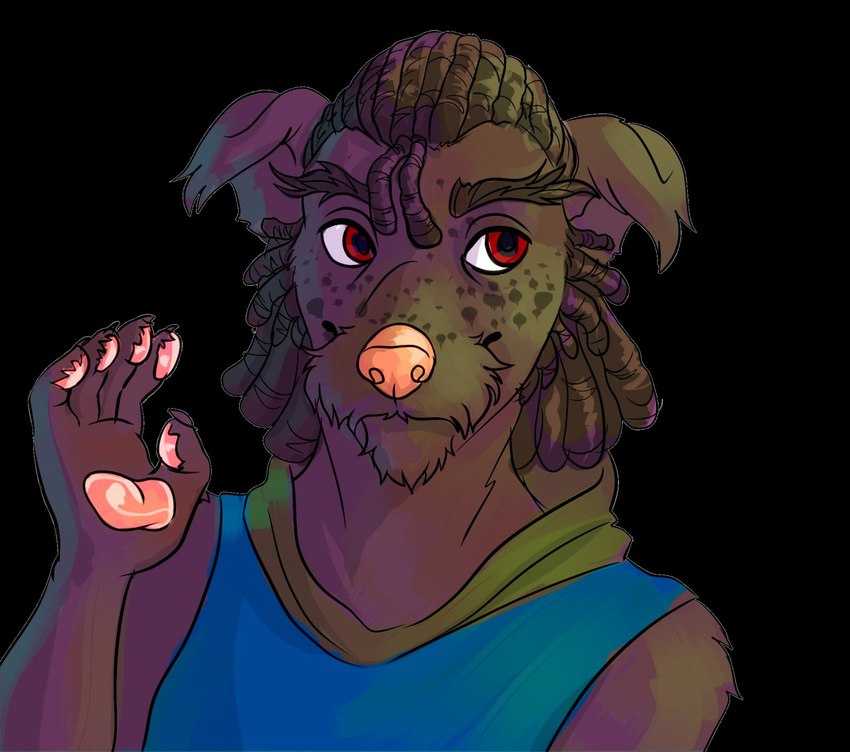 anthro dreadlocks looking_aside male red_eyes smile solo waving_hand cira_nova canid canine canis domestic_dog mammal puli 2019