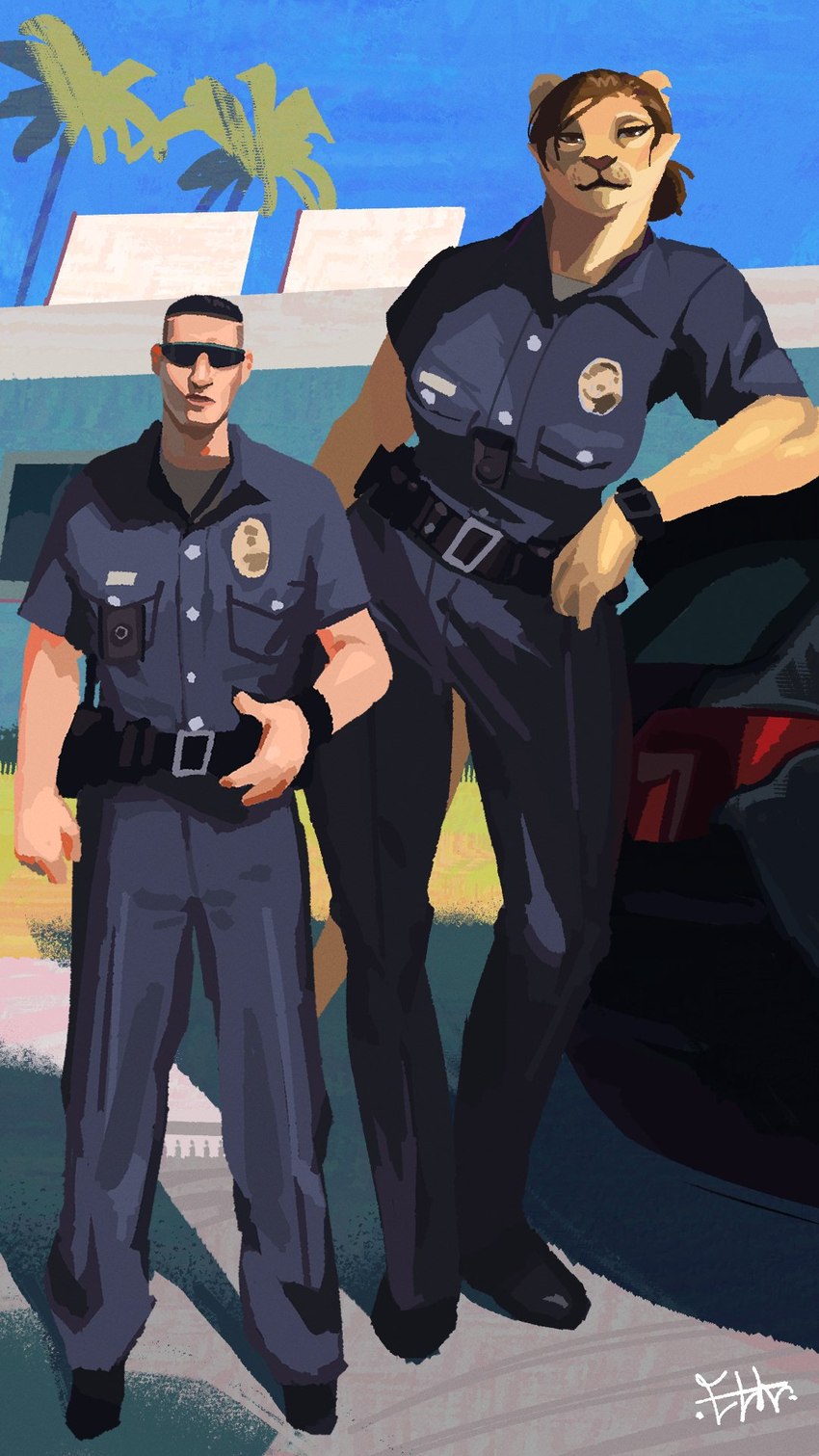 anthro biped clothing duo eyewear female hair human_on_anthro interspecies larger_anthro larger_female leaning_on_object looking_at_viewer male male/female police police_officer police_uniform size_difference smaller_male sunglasses uniform el-k felid human lion mammal pantherine 2025 digital_media_(artwork) hi_res