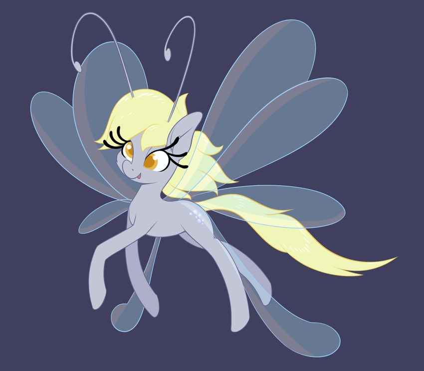 alternate_species antennae_(anatomy) blonde_hair blue_background cutie_mark female feral grey_body hair hooves insect_wings orange_eyes quadruped simple_background solo tongue tongue_out translucent translucent_wings wings aquaticvibes friendship_is_magic hasbro my_little_pony derpy_hooves_(mlp) breezie_(mlp) equid equine fairy horse mammal pony 2021 hi_res