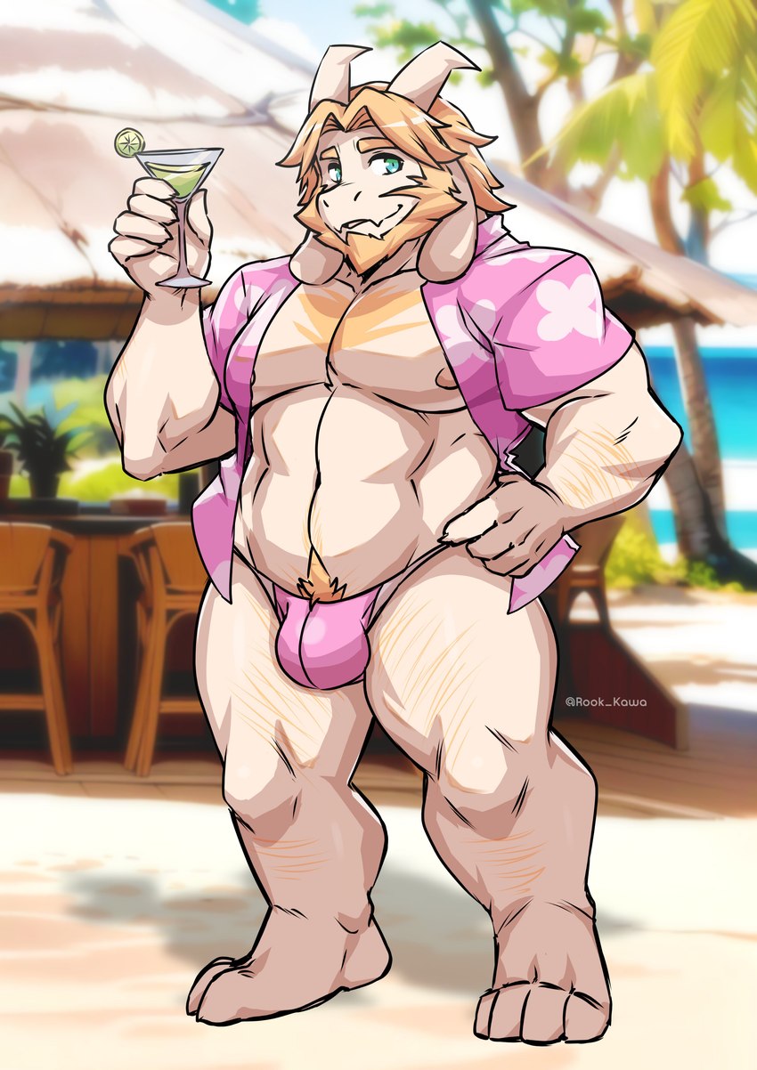 abs alcohol aloha_shirt anthro bar barazoku barefoot beach beard beverage big_muscles blonde_hair blurred_background body_hair bulge chair chest_hair claws clothed clothing day eyebrows facial_hair feet food fruit furniture hair hand_on_hip holding_beverage holding_object horn lime long_ears looking_at_viewer male margarita muscular muscular_anthro muscular_male navel nipples open_clothing open_shirt open_topwear palm_tree pattern_clothing pattern_shirt pattern_topwear pecs plant pubes sand seaside shirt smile solo speedo standing swimwear text thick_thighs topwear tree water rook_kawa undertale undertale_(series) asgore_dreemurr boss_monster_(undertale) bovid caprine goat mammal 2023 absurd_res hi_res url