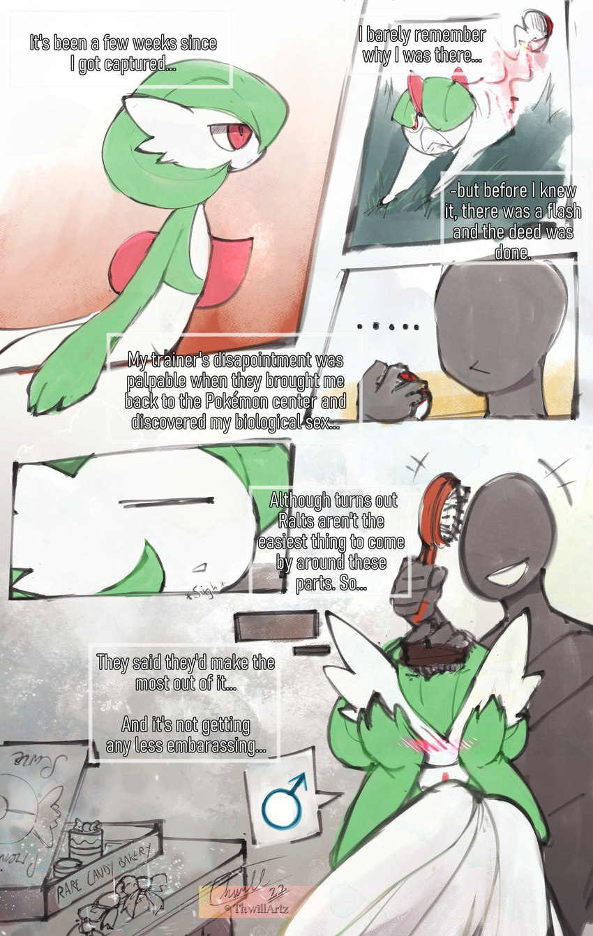 3_fingers after_transformation brush candy dessert dialogue duo embarrassed evolution_(transformation) face_in_hands faceless_character faceless_human faceless_male fingers food frown furniture gender_symbol grass green_body green_hair green_pseudo_hair greyscale_background hair hairbrush humanoid_pointy_ears male male_symbol multicolored_body on_lap personal_grooming plant pointy_ears pokemon_transformation pseudo_hair red_eyes sigh sitting_on_lap smile social_grooming species_transformation symbol table text time_skip touching_grass transformation white_body thwillartz nintendo pokemon gardevoir generation_3_pokemon human humanoid mammal pokemon_(species) ralts absurd_res comic english_text hi_res