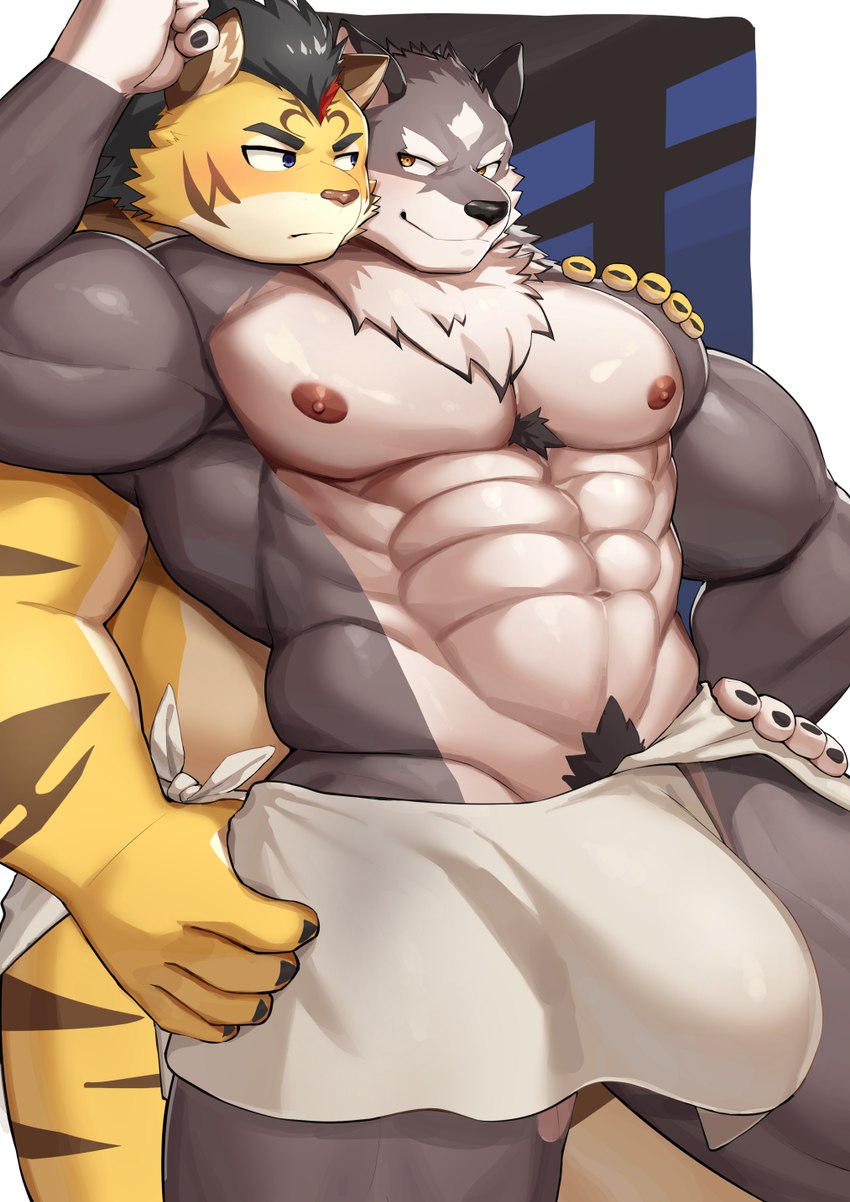 abs anthro biceps blue_eyes blush body_hair bulge chest_hair duo fur grey_body grey_fur highlights_(coloring) male male/male muscular muscular_male nipples pubes striped_body stripes towel towel_around_waist yellow_body yellow_eyes yellow_fur kawara_gawara tamacolle hitachi_(tamacolle) tosa_(tamacolle) canid canine canis felid mammal pantherine tiger wolf hi_res