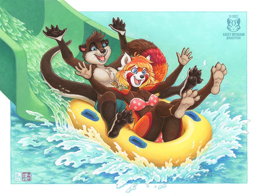 4_toes 5_fingers anthro barefoot bikini black_pawpads blonde_hair blue_eyes breasts brown_body brown_fur chest_tuft claws clothed clothing feet female feral fingers fur group hair inflatable inner_tube male membrane_(anatomy) open_mouth open_smile pawpads paws plantigrade slide smile soles spread_arms spread_legs spread_toes spreading swimming_trunks swimwear tail toe_claws toes topless trio tuft two-piece_swimsuit water water_slide webbed_feet whiskers kacey meiying tofu_(ralenfox) ailurid mammal mouse murid murine mustelid otter red_panda rodent 2022 acrylic_painting_(artwork) gouache_(artwork) marker_(artwork) mixed_media painting_(artwork) pen_(artwork) traditional_media_(artwork) traditional_painting_(artwork)